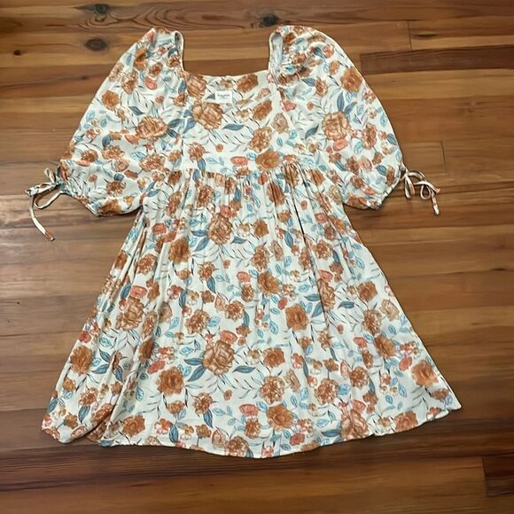 Hayden Cream Floral Mini Dress Womens Size 1XL Boho Puff Sleeves - Picture 3 of 10